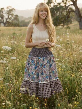 Vintage 80s Dandelion Patchwork Prairie Skirt Floral Plaid Cottagecore Midi Rare